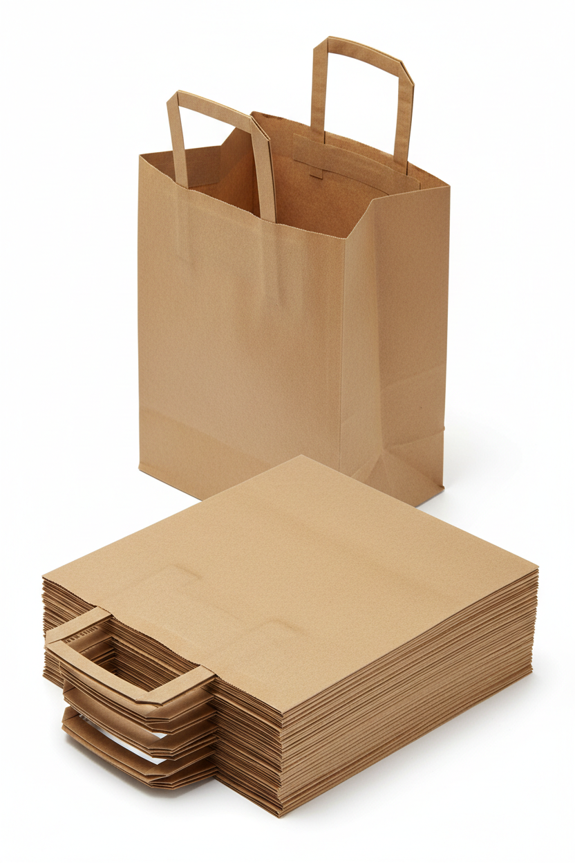 Bolsa de papel kraft marrón con asas planas 26x29 cm fuelle 17 cm para packaging de comercio