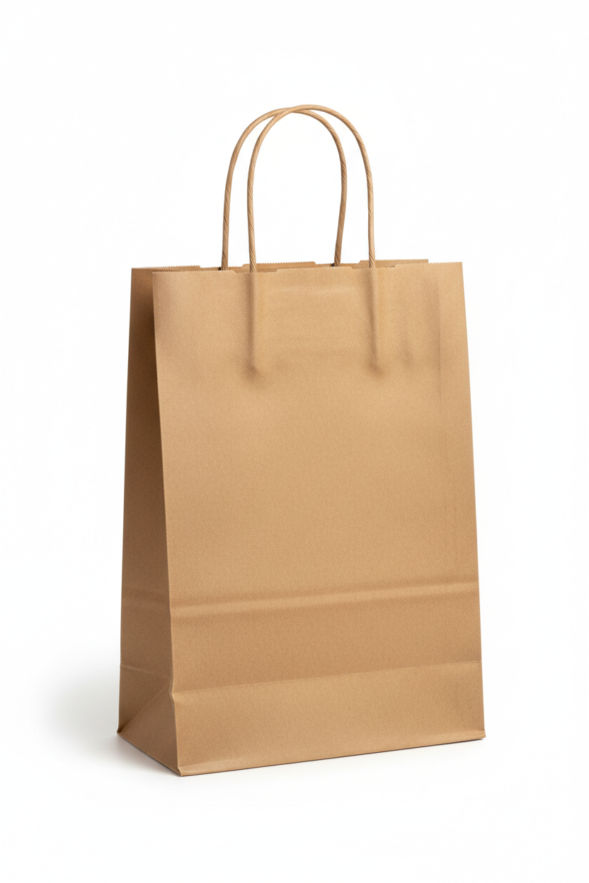 Bolsa de papel kraft marrón con asas rizadas 32x31 cm fuelle 20 cm para comercio y take away