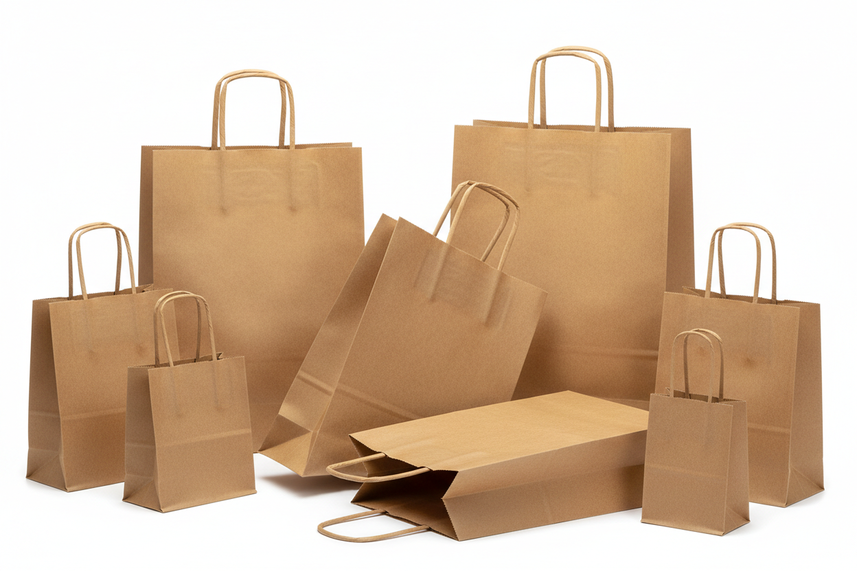 Bolsa de papel kraft marrón con asas planas 18x37,5 cm fuelle 9 cm para tienda y take away