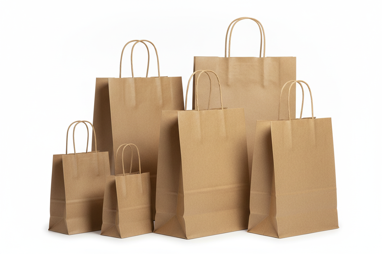 Bolsa de papel kraft marrón con asas rizadas 28x16 cm fuelle 27 cm para comercio y take away